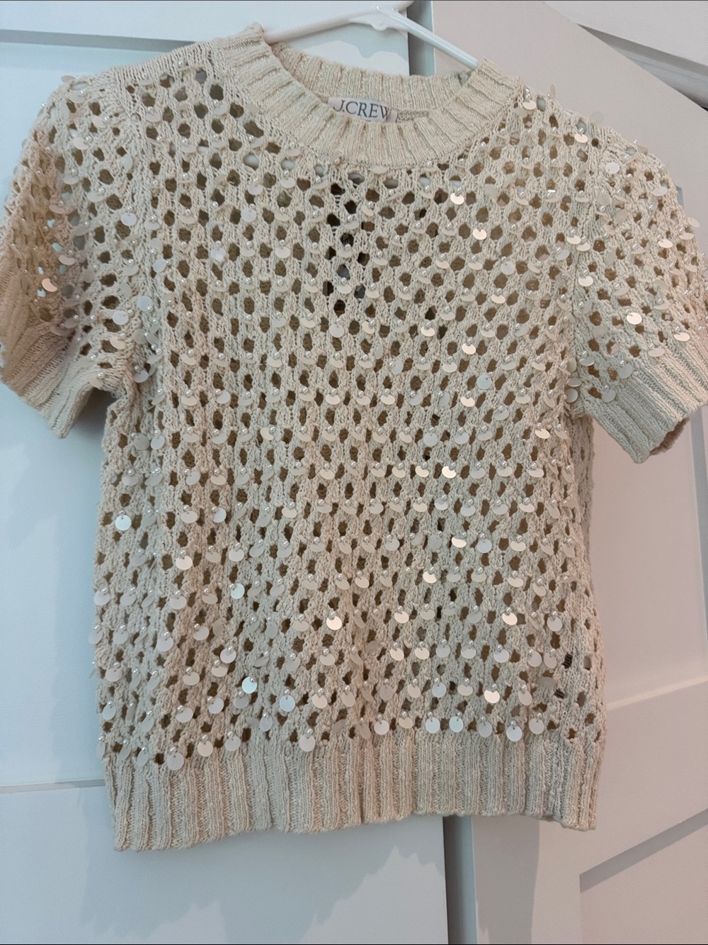 J. Crew Cream Open-Knit Sequin Short Sleeve Sweater with white pearls. - Picture 4 of 4